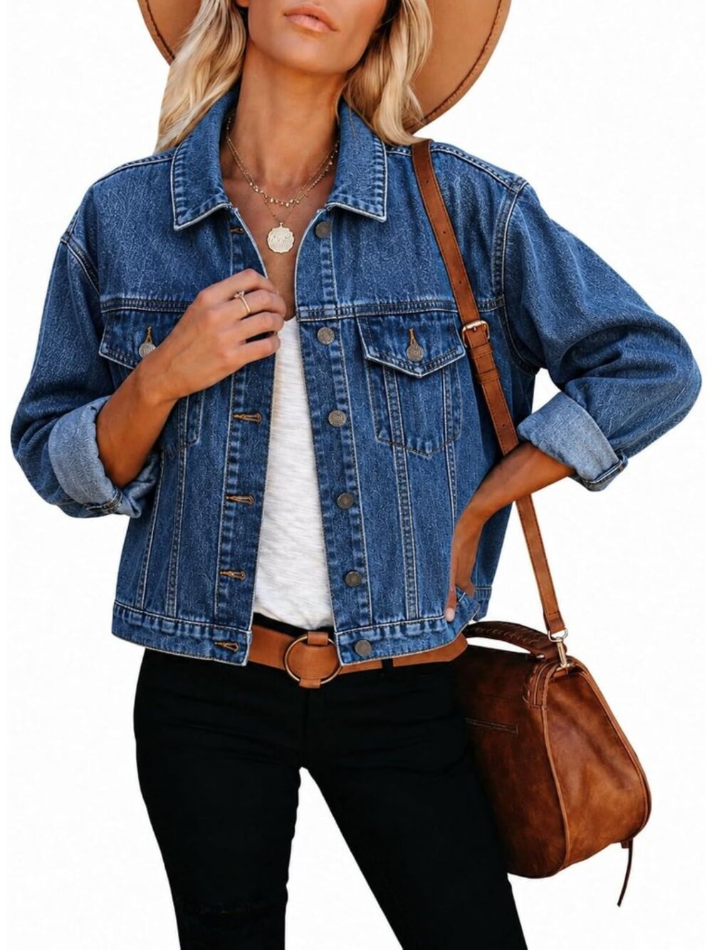 Women’s Blue Dark Washed Button Down Cropped Frayed Stretch Shacket Jean Jacket